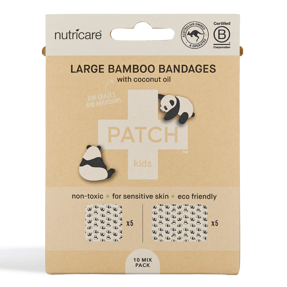 Coconut Oil Patch Natural Bamboo Bandages for sensitive skin, eco friendly, hypoallergenic, non-toxic, latex free, Panda print, large format