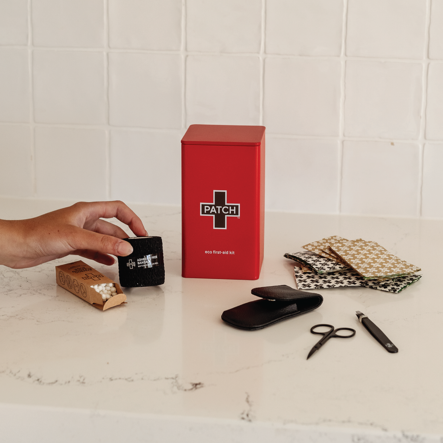 Patch First Aid Kit, Natural Bamboo Bandages, sensitive skin friendly, eco friendly, hypoallergenic, non-toxic, latex free, includes bandages, scissors, tweezers and ear buds