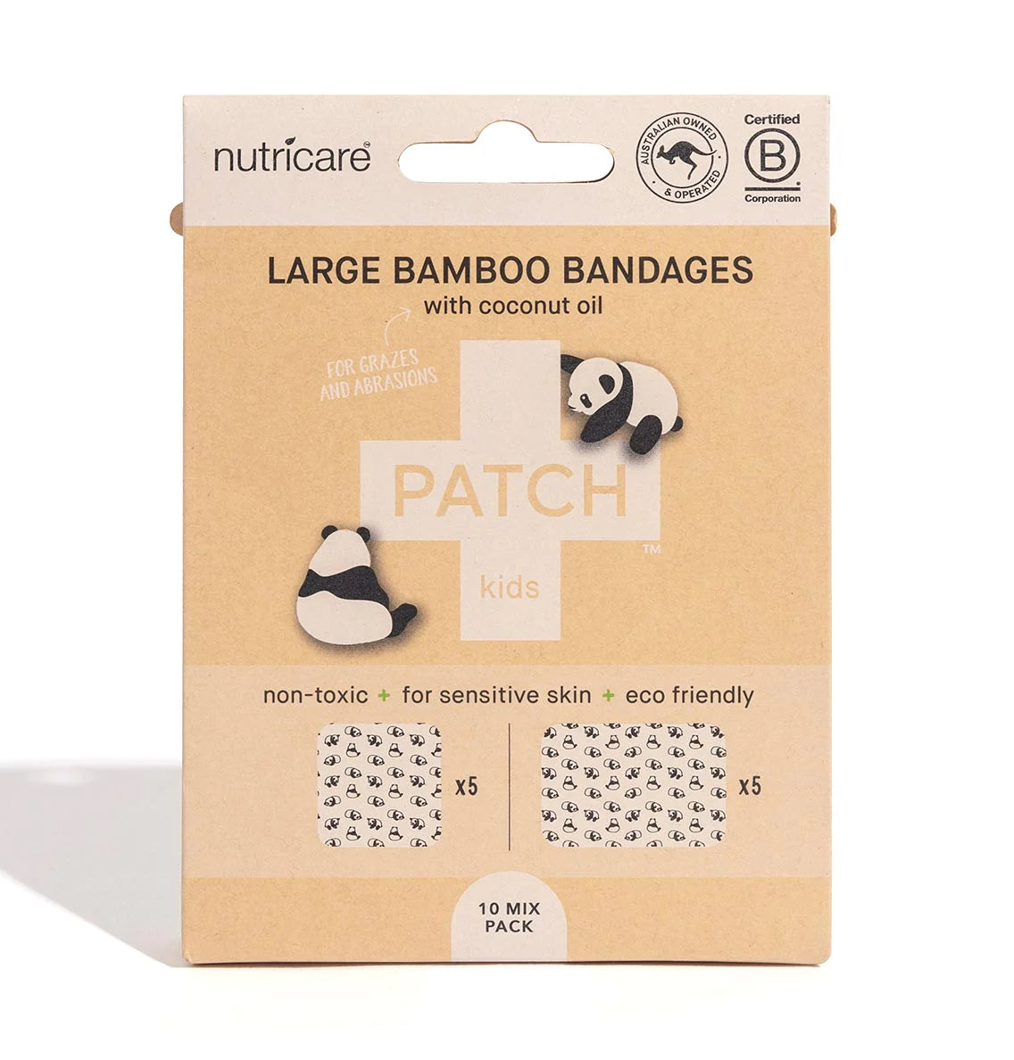 Coconut Oil Patch Natural Bamboo Bandages for sensitive skin, eco friendly, hypoallergenic, non-toxic, latex free, Panda print. Large Format