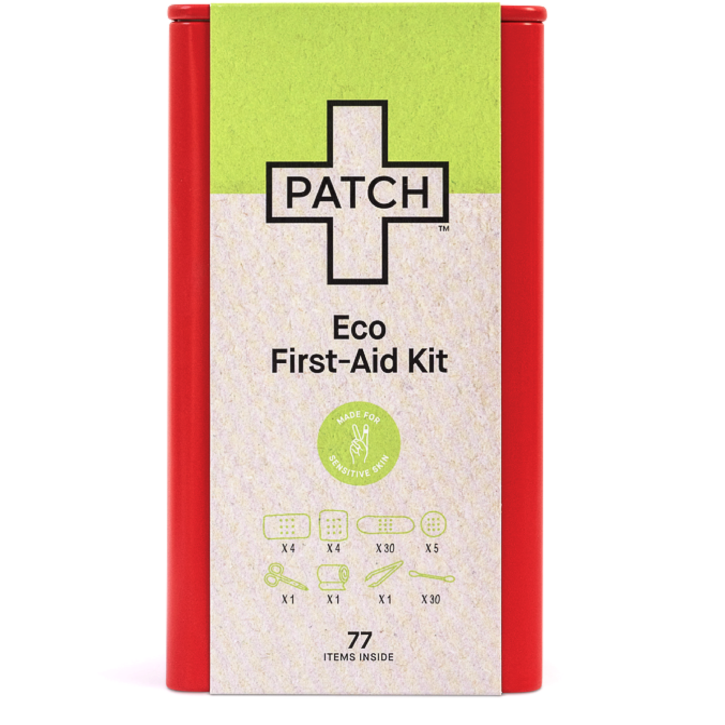 Patch First Aid Kit, Natural Bamboo Bandages, sensitive skin friendly, eco friendly, hypoallergenic, non-toxic, latex free, includes bandages, scissors, tweezers and ear buds
