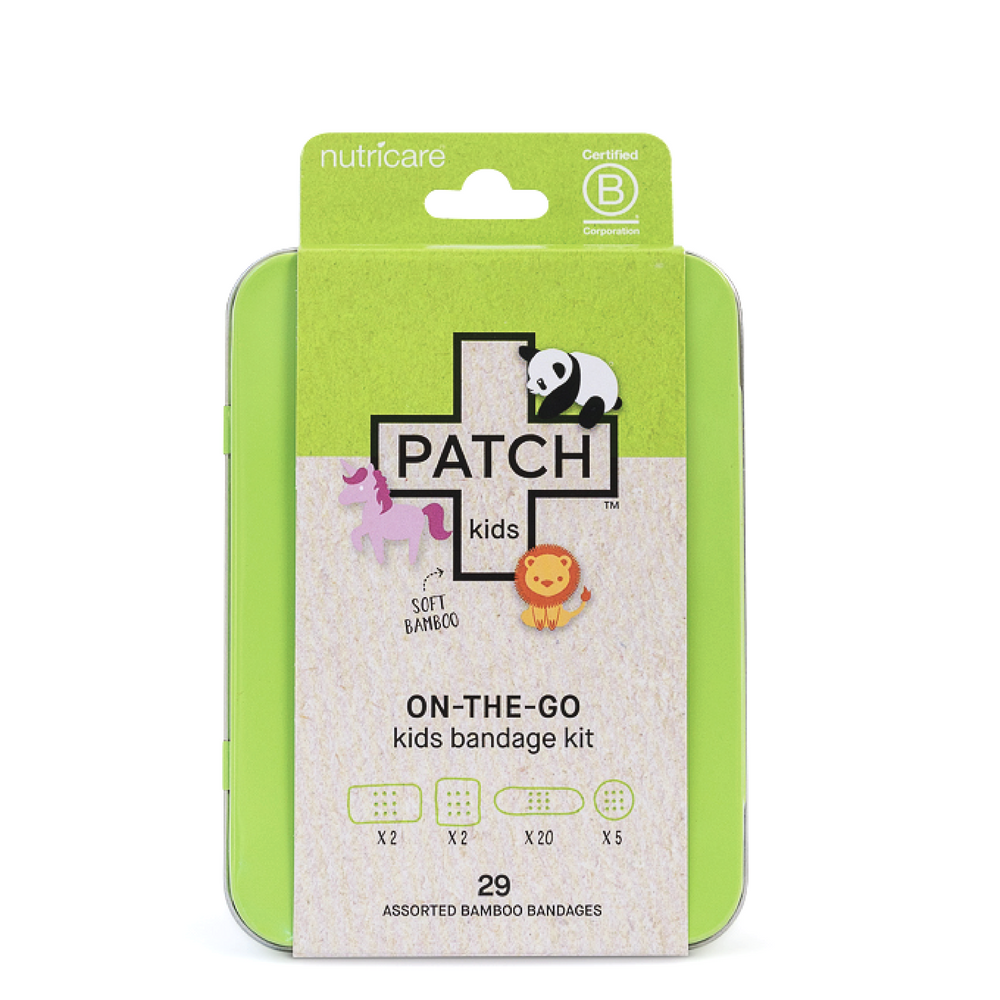 Patch Natural Bamboo Bandages On-The-Go Kit for kids, sensitive skin friendly, eco friendly, hypoallergenic, non-toxic, latex free, kids prints