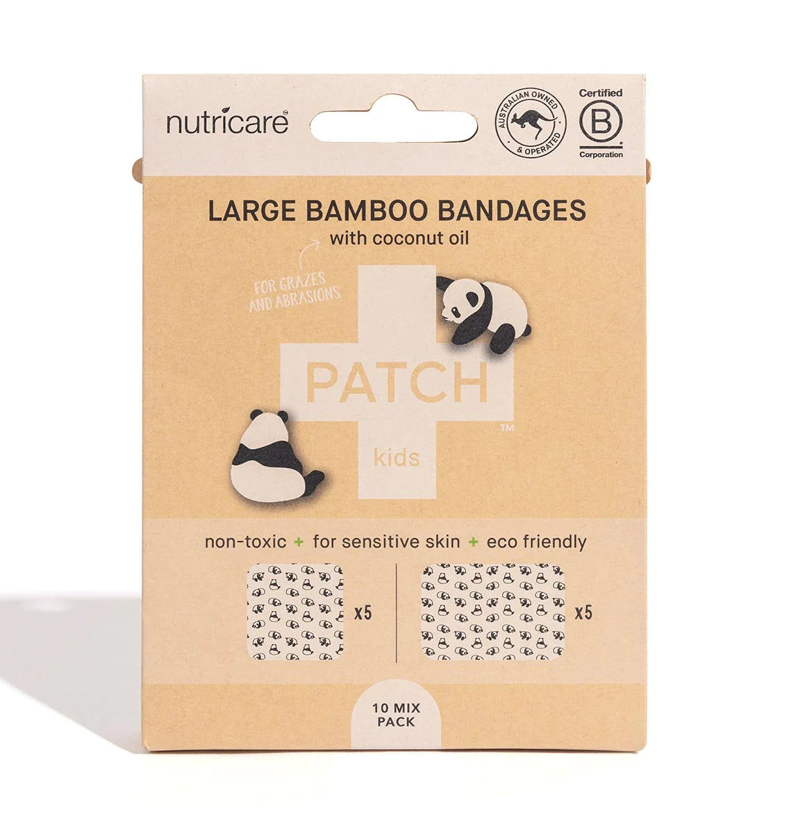
                  
                    Coconut Oil Patch Natural Bamboo Bandages for sensitive skin, eco friendly, hypoallergenic, non-toxic, latex free, Panda print. Large Format
                  
                